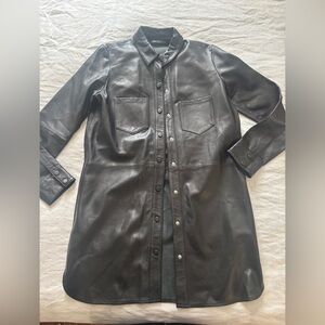 Zara Black 100% Leather Button-Up Shirt Dress